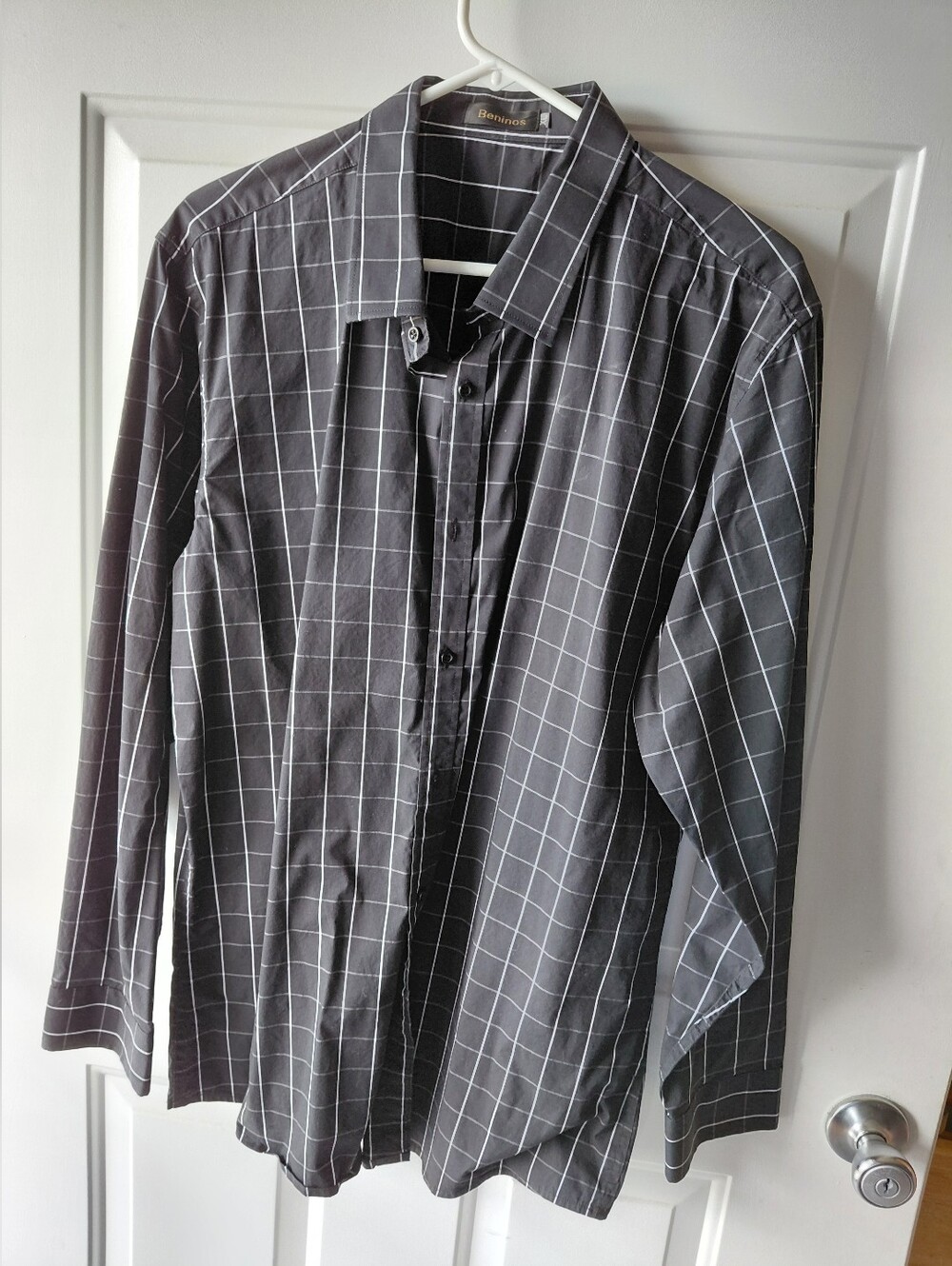 Men's Black Windowpane Long-Sleeve Dress Shirt